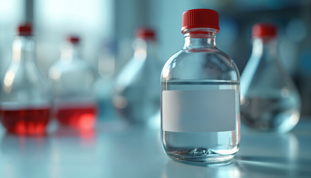 Clear glass bottles with red caps contain liquid. Some bottles are blurred. Scientific lab tools are displayed. Research and chemistry experiments.