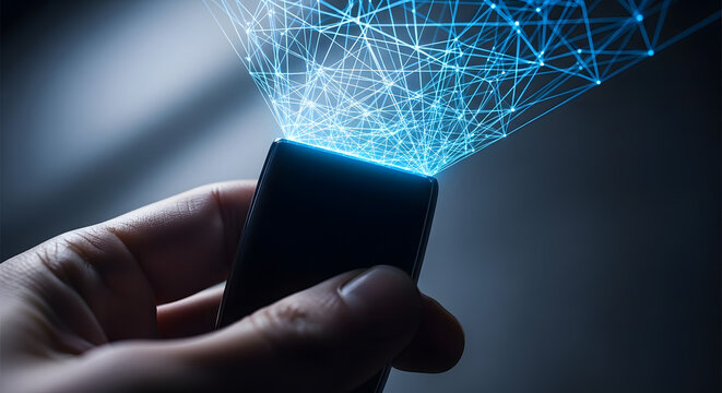 Hand holding a device emitting a blue network of light in a dark and futuristic setting