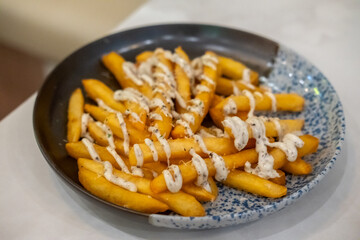 Close up of French Fries with cheese and black truffle mayo sauce on plate