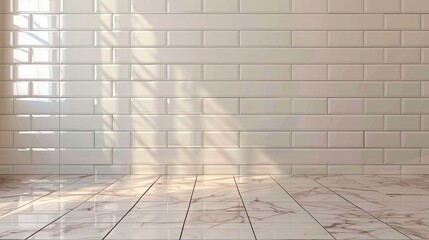 A clean and bright background of glossy ivory or cream subway tiles in a minimalist interior. A classic texture for modern kitchen or bathroom designs.