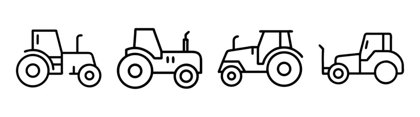 Obraz premium Diverse agricultural tractors line drawing collection farm machinery icons transportation equipment graphics