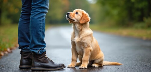 Golden retriever puppy sits looks at owner during obedience training class. Trainer teaches small dog commands outside. Dog learns to follow instruction and be obedient in professional dog school.