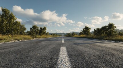 Obraz premium An empty road running through a natural landscape with green hills and blue sky, photorealistic and cinematic.