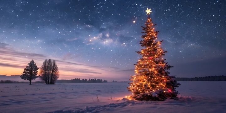 A solitary illuminated christmas tree stands proudly in a snowy landscape under a starry night sky evoking winter wonder and holiday cheer