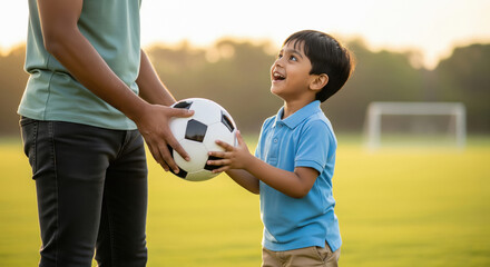 Joyful child receiving soccer ball from adult on field