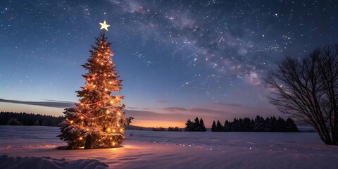 A solitary illuminated christmas tree stands tall in a snowy field under a breathtaking starry night sky with the milky way visible