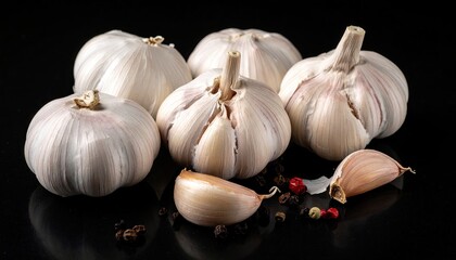 Garlic Bulbs and Cloves on Black Reflective Surface Still Life