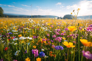 vast spring meadow filled with colorful wildflowers under a bright blue sky and sunlight flare in a wide landscape