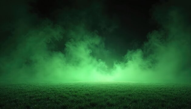 Dark ground with vibrant green fog, thick smoke at night. Glowing mist rises from grass field. Suggests air pollution, toxic gas, mysterious event. Eerie atmosphere for Halloween sci-fi content. - Powered by Adobe