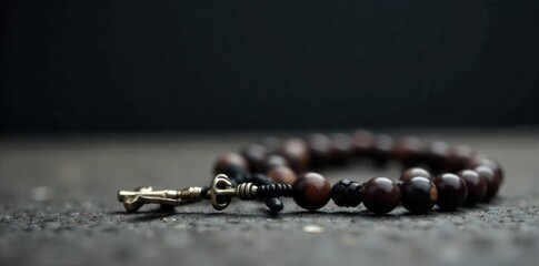 Minimalist Rosary Beads on Textured Surface A single, unbroken rosary made of dark, smooth wooden beads with a simple metal crucifix, resting on a neutral toned, finely textured stone surface. Soft,