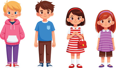 Set of cute cartoon children, happy boys and girls standing in a row, kid characters including boy in hoodie and girl with bag, vector illustration isolated.