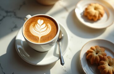 Cup of coffee with latte art near cookies served on table. Cappuccino with cookies is photographed on a marble table in daylight. It looks tasty and inviting.