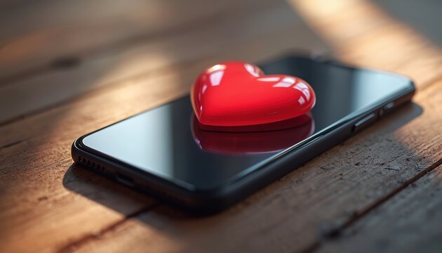 Red heart icon rests on black smartphone screen. Digital love symbol displays on mobile device. Concept for romance dating apps online. Technology love connection on table.