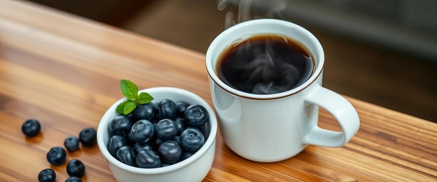 A bowl of blueberries beside a steaming cup of coffee on a wooden table, delicious, blueberries