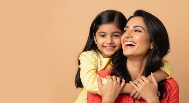 Indian Mother Daughter Hugging Happily on Beige Background