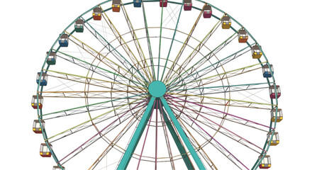 A colorful ferris wheel stands against a white background with many cabins and spokes.