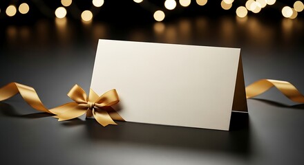 Elegant blank card with golden ribbon and bokeh lights background