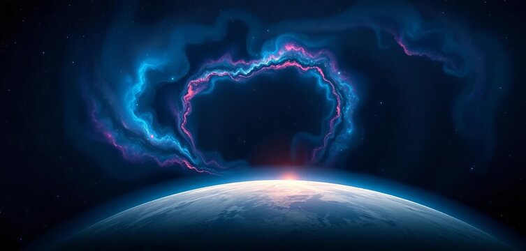 Abstract nebula swirl over planet, cosmic landscape, starry night sky,  stellar,  power