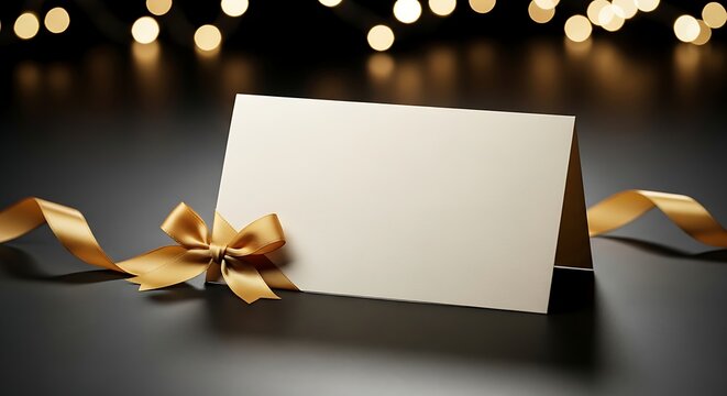 Elegant blank card with golden ribbon and bokeh lights background