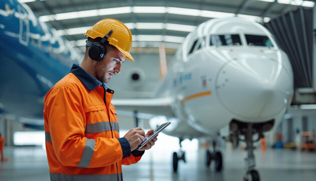 Man in orange uniform and yellow helmet uses tablet for aircraft maintenance in modern hangar. Engineer works on white airplane with tools and equipment. Aviation industry professional checks plane.