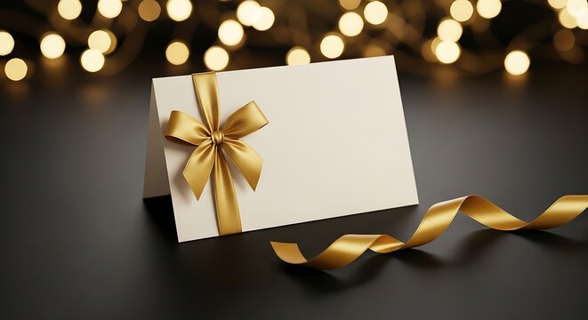 Elegant Gift Card with Gold Ribbon and Bokeh Lights Background