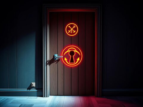 A door with a keyhole and a cryptic symbol, blocking the way in an escape game,  challenge,  barrier