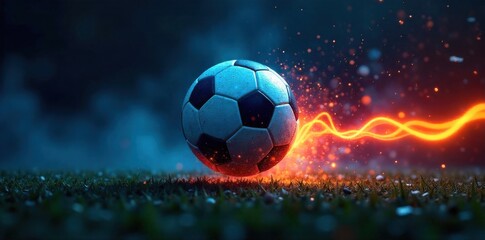 Abstract stadium soccer ball with dynamic light streaks and energetic bokeh effects, symbolizing speed and passion. An abstract, glowing soccer ball at the center of a stylized, empty stadium.