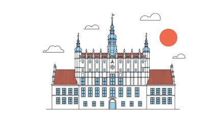 Fototapeta premium Illustration of a grand historic building with multiple towers and windows against a white background.