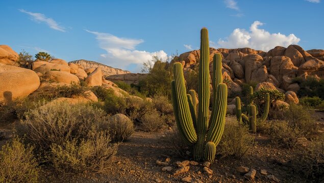 Desert Landscape with Tall Cacti and Eroded Rock Formations Under a Blue Sky with Clouds.