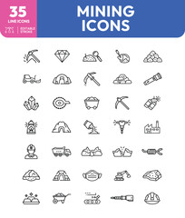 Collection of ThirtyFive Mining Icons in Line Art Style with Editable Stroke
