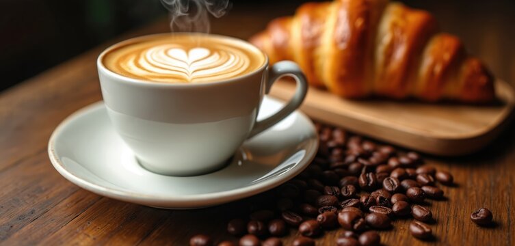 Steaming cup of cappuccino with heart latte art, fresh croissant. Hot coffee beverage, bakery pastry served for breakfast. Roasted beans on wooden table in cafe, perfect morning meal delicious sweet