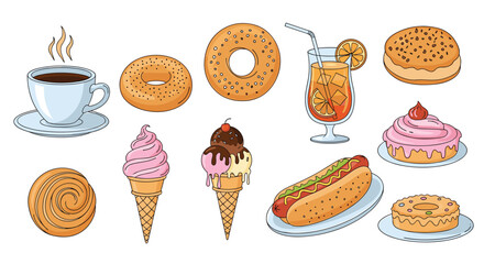 Assortment of sweet and savory treats including coffee, donuts, ice cream, and a hot dog.
