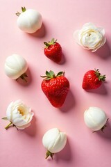Romantic Pastel Fruits Flowers Still Life on Pink A visually stunning still life composition featuring ripe, juicy strawberries, fully bloomed soft pink roses, and delicate white peonies arranged