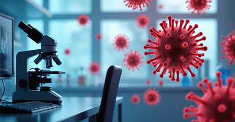 Image features laboratory setting with microscope and computer. Red virus cells float in the air. Research, analysis and healthcare are key themes. Concept illustrates science in virology context.