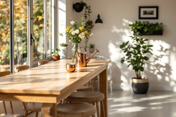 Fototapeta premium Sunny dining room scene with wooden table, plants, and flowers by a large window