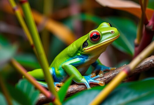 Close-up of vibrant green frog in lush rainforest habitat,  preservation,  nature