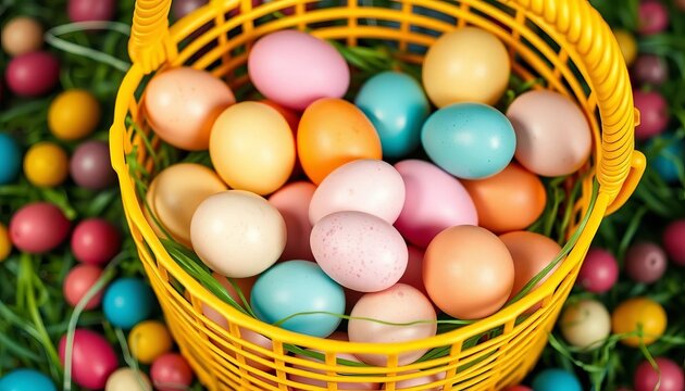 Colorful plastic basket overflowing with pastel-colored Easter eggs, bunny, decoration