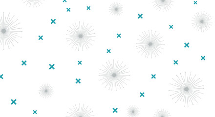 A repeating pattern of dandelion-like abstract shapes and teal crosses on a white background.