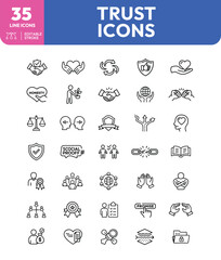 Collection of thirtyfive trust icons with editable strokes and line art