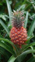 Vibrant, ripe, orange pineapple on spiky plant, surrounded by lush green leaves