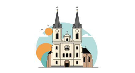 Obraz premium Illustrated facade of a grand cathedral with two spires, a rose window, and surrounding decorative elements.
