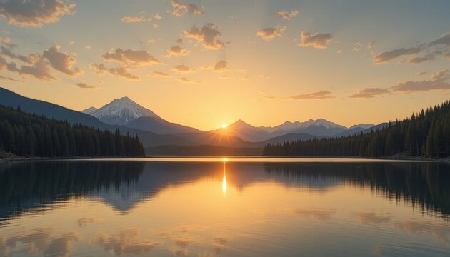 Sunset light reflecting over calm mountain lake surrounded by pine trees and distant peaks glowing under golden sky. - Powered by Adobe