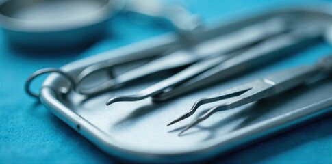 Close up of various medical instruments on a sterile tray, symbolizing care and precision. Extreme close up shot of various high quality medical instruments, such as forceps, scalpels, and retractors,