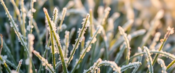 Delicate, frost-covered blades of grass, icy crystals clinging to each stem, frost texture, field