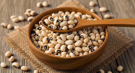 Cowpeas (Black-Eyed Peas) in a Bowl on Wooden Table