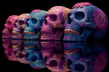 sugar skulls in a dark background