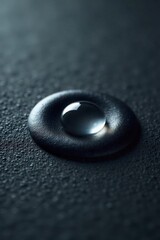 Luxurious spa experience with a single, perfectly placed water drop on a smooth, polished stone. Macro shot of a single, perfectly spherical water drop resting on a smooth, dark grey polished stone.