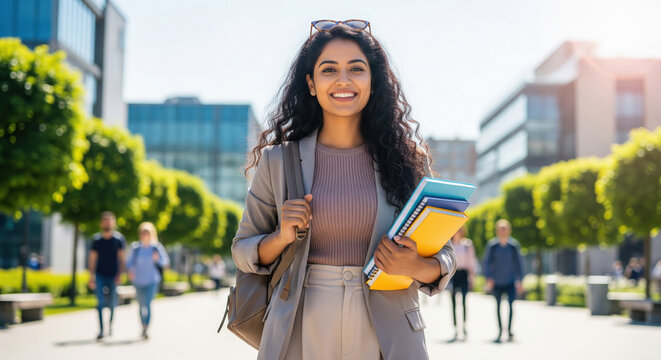 Smiling Indian student with books on modern university campus