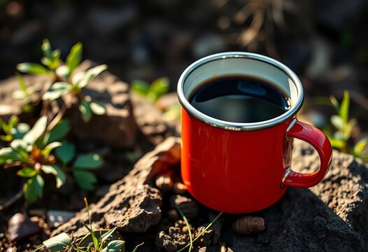 Durable enamel camping mug filled with dark coffee, outdoors,  hiking,   metal