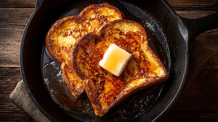 A pan of French toast with butter and syrup on top. Concept of warmth and comfort, as the French toast is a classic breakfast dish that is often associated with cozy mornings and family gatherings
